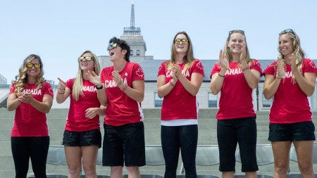 Members of the Rio 2016 Rugby Team for Canada after the send-off at Nathan Phillips Square on July 26, 2016. (Tavia Bakowski/COC)