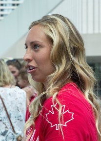 Megan Lukan speaking with the media after the Team Canada Rugby send-off on July 26, 2016. (Tavia Bakowski/COC)