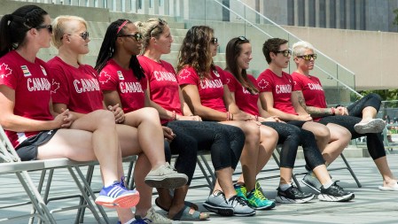 Members of the Rio 2016 Rugby Team for Canada after the send-off at Nathan Phillips Square on July 26, 2016. (Tavia Bakowski/COC)