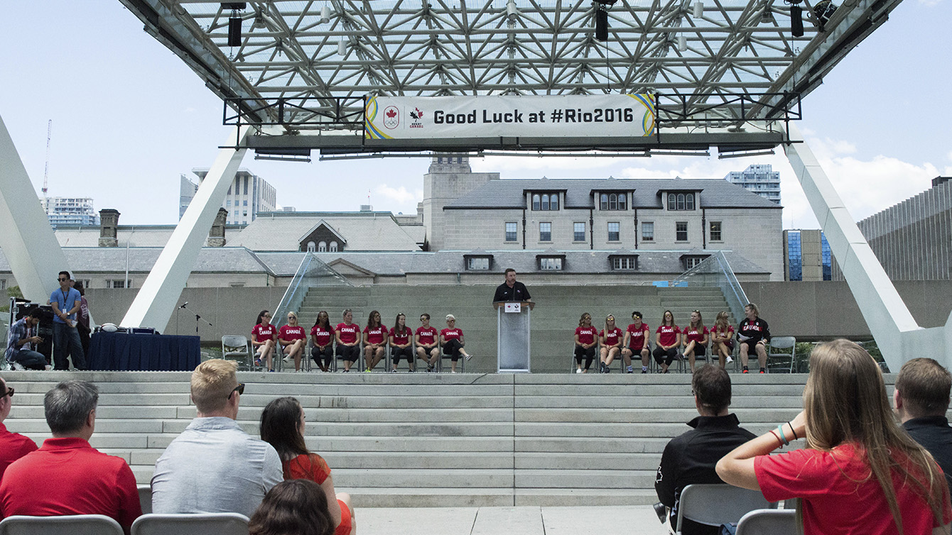 Rio 2016 Rugby Team for Canada during the send-off at Nathan Phillips Square on July 26, 2016. (Tavia Bakowski/COC)