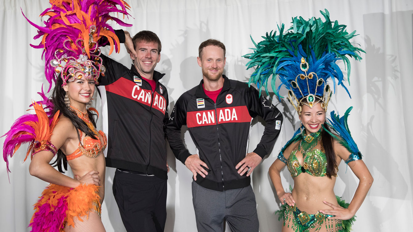 Ben Saxton (left) and Chaim Schalk at the Rio 2016 beach volleyball nomination announcement on July 20, 2016.