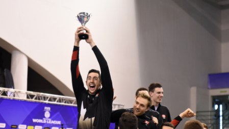 VBall Canada's Stephen Timothy Maar celebrating with the FIVB World League Group 2 trophy on July 10, 2016. (Photo: FIVB)