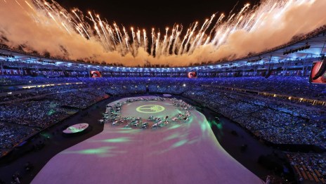 Fireworks are seen over Maracana Stadium during the opening ceremony at the 2016 Summer Olympics in Rio de Janeiro, Brazil, Friday, Aug. 5, 2016. (AP Photo/Morry Gash)