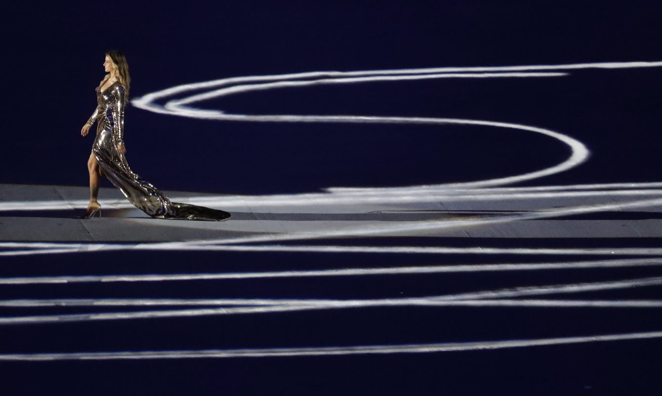 Brazilian model Gisele Bundchen walks onstage during the opening ceremony for the 2016 Summer Olympics in Rio de Janeiro, Brazil, Friday, Aug. 5, 2016. (AP Photo/Robert F. Bukaty)