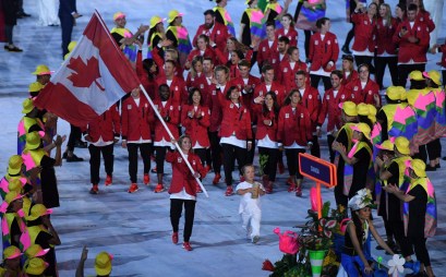 OLY Rio Opening Ceremony 20160805 Rosie MacLennan leads Team Canada into the stadium during the opening ceremonies at the 2016 Olympic Games in Rio de Janeiro, Brazil on Friday, Aug. 5, 2016. THE CANADIAN PRESS/Sean Kilpatrick