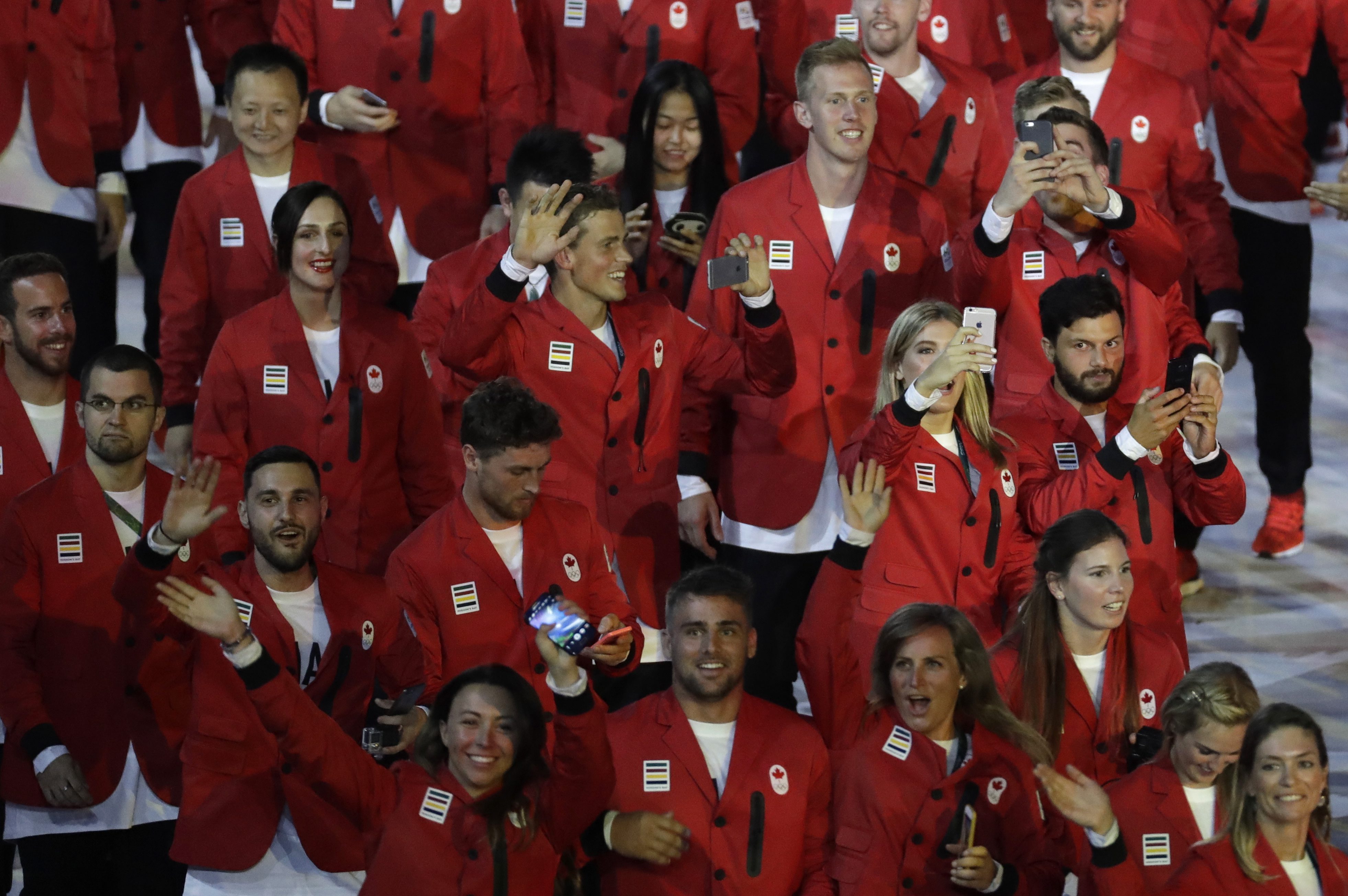 Team Canada marches in the arena during the opening ceremony for the 2016 Summer Olympics in Rio de Janeiro, Brazil, Friday, Aug. 5, 2016. (AP Photo/Patrick Semansky)
