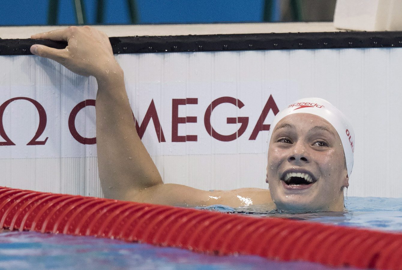 Canada's Penny Oleksiak reacts to her silver medal performance in the women's 100-metre butterfly at the 2016 Summer Olympics on Sunday, August 7, 2016 in Rio de Janeiro, Brazil. THE CANADIAN PRESS/Frank Gunn