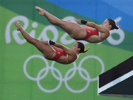Canada's Meaghan Benfeito (left) and Roseline Filion perform in the women's synchronized 10-meter platform diving final at the 2016 Summer Olympics in Rio de Janeiro, Brazil, Tuesday, Aug. 9, 2016 THE CANADIAN PRESS/Frank Gunn