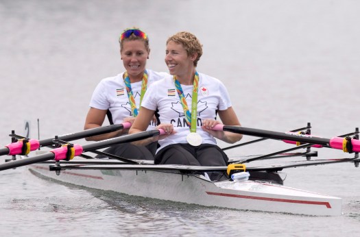 Canadian rowers Lindsay Jennerich and Patricia Obee, right, row away after winning a silver medal in the women's lightweight double sculls at the 2016 Summer Olympics in Rio de Janeiro, Brazil, Friday, Aug. 12, 2016. THE CANADIAN PRESS/Frank Gunn