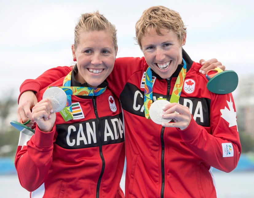 Canadian rowers Lindsay Jennerich and Patricia Obee, right, celebrate after winning a silver medal in the women's lightweight double sculls at the 2016 Summer Olympics in Rio de Janeiro, Brazil, Friday, Aug. 12, 2016. THE CANADIAN PRESS/Frank Gunn