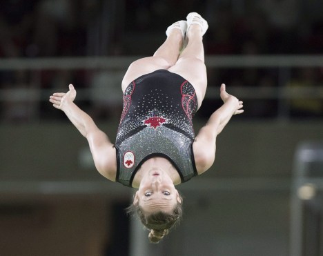 Rosie MacLennan competing in trampoline