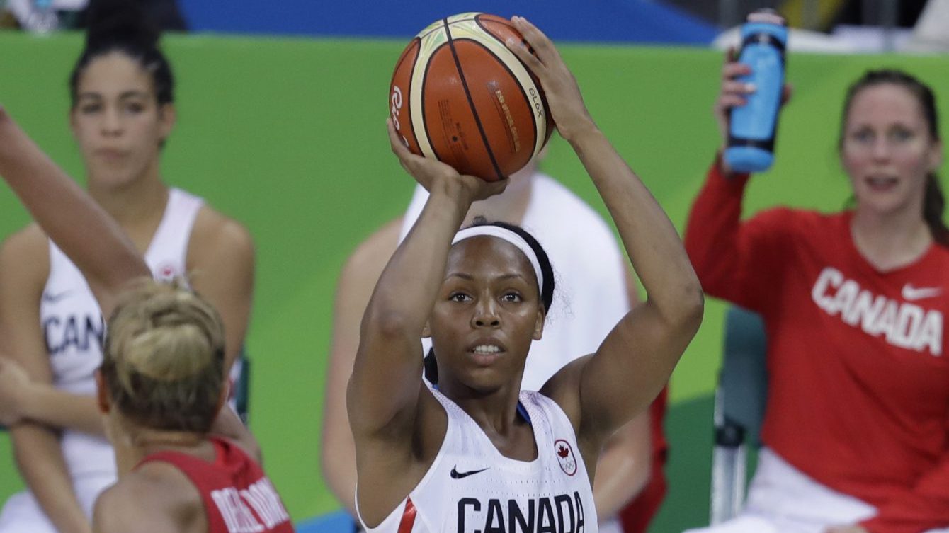 Canada guard Nirra Fields shoots during the second half of a women's basketball game against the United States at the Youth Center at the 2016 Summer Olympics in Rio de Janeiro, Brazil, Friday, Aug. 12, 2016. The United States defeated Canada 81-51. (AP Photo/Carlos Osorio)
