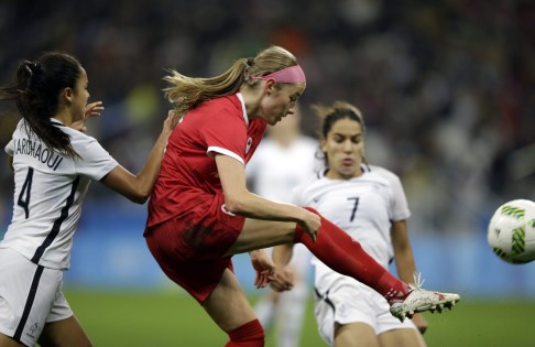 Janine Beckie controls the ball during a quarter-final match