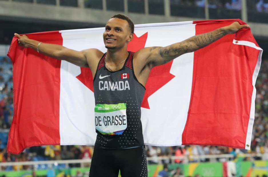 Rio 2016: Andre De Grasse Canada's Andre De Grasse celebrates after winning bronze in the men's 100-meter during the athletics competitions of the 2016 Summer Olympics at the Olympic stadium in Rio de Janeiro, Brazil, Sunday, Aug. 14, 2016. (AP Photo/Lee Jin-man)