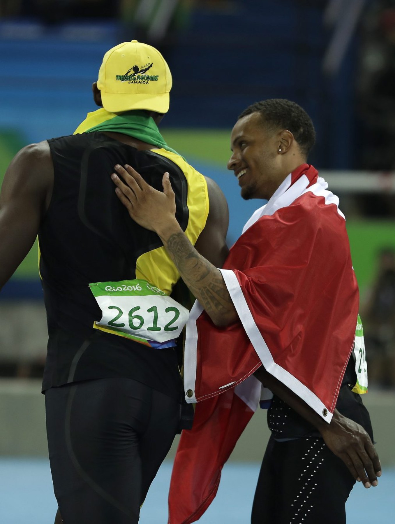 Rio 2016: Andre De Grasse 100m final bronze Canada's Andre De Grasse congratulates Jamaica's Usain Bolt after he won the gold medal in the men's 100-meter final during the athletics competitions in the Olympic stadium of the 2016 Summer Olympics in Rio de Janeiro, Brazil, Sunday, Aug. 14, 2016. (AP Photo/Matt Slocum)