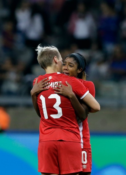 Rio 2016: Sophie Schmidt and Ashley Lawrence Canada's Sophie Schmidt, 13, and Ashley Lawrence comfort each other after a semifinal of the women's Olympic football tournament between Germany and Canada at the Mineirao Stadium in Belo Horizonte, Brazil, Tuesday, Aug. 16, 2016. Germany beat Canada 2-0 to reach the final against Sweden.(AP Photo/Leo Correa)