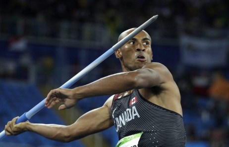 Canada's Damian Warner makes an attempt in the javelin throw of the decathlon during the athletics competitions of the 2016 Summer Olympics at the Olympic stadium in Rio de Janeiro, Brazil, Thursday, Aug. 18, 2016. (AP Photo/Matt Dunham)
