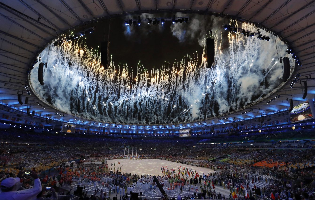 Fireworks explode during the closing ceremony for the Summer Olympics at Maracana stadium in Rio de Janeiro, Brazil, Sunday, Aug. 21, 2016. (AP Photo/Vincent Thian)