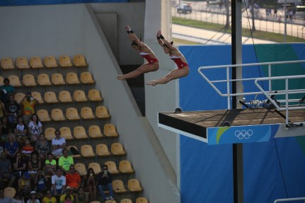 Canada's Meaghan Benfeito (left) and Roseline Filion perform in the women's synchronized 10-meter platform diving final at the 2016 Summer Olympics in Rio de Janeiro, Brazil, Tuesday, Aug. 9, 2016