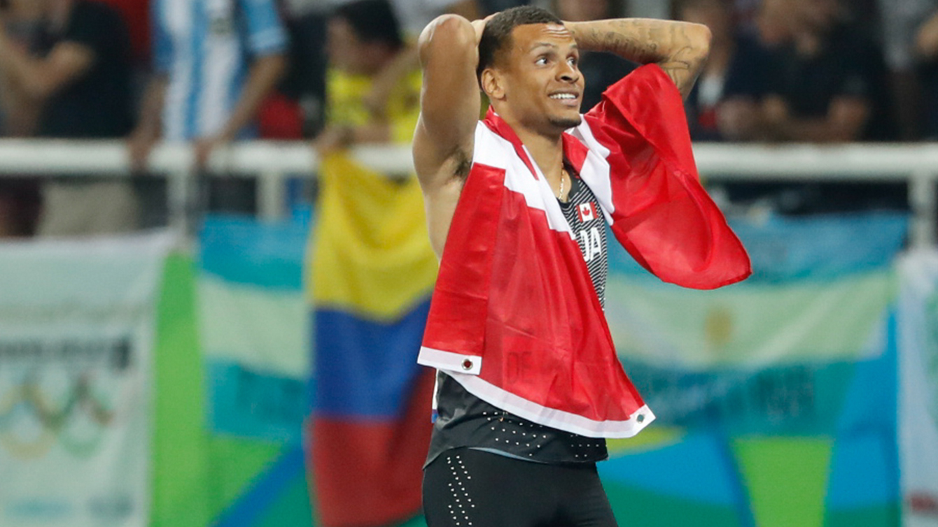 Andre De Grasse reacting to a bronze medal finish in the Rio 2016 100m final. (photo/ Mark Blinch)