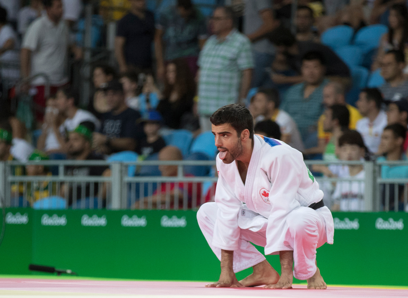 Canada's Antoine Bouchard takes the mat for his match against Raymond Ovinou of Papua New Guinea in Men's 66kg Judo action at the Olympic games in Rio de Janeiro, Brazil, Sunday, August 7, 2016. COC Photo by Jason Ransom