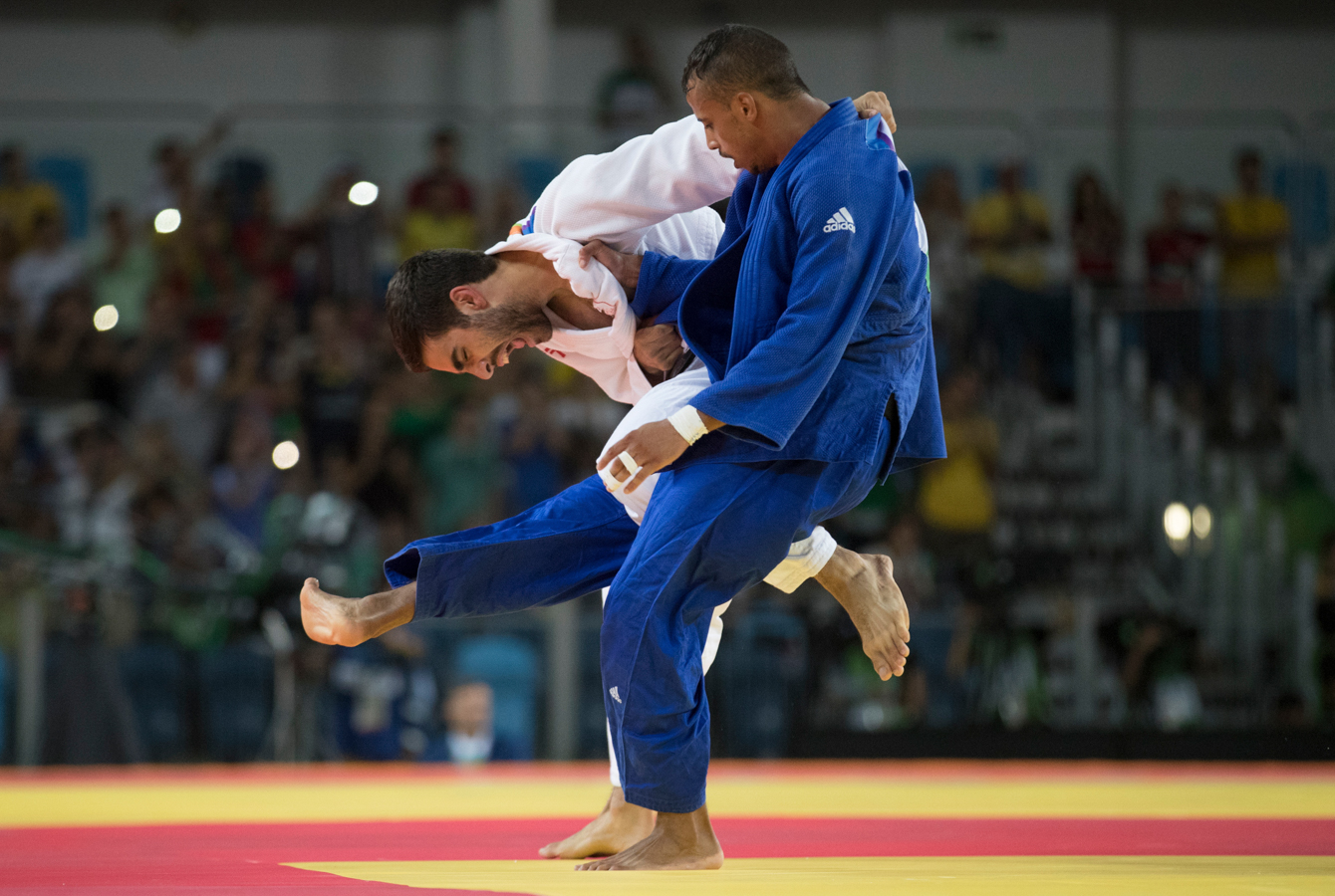Canada's Antoine Bouchard takes on Imad Bassou of Morocco during Men's 66kg Judo, third-round action at the Olympic games in Rio de Janeiro, Brazil, Sunday, August 7, 2016. COC Photo by Jason Ransom