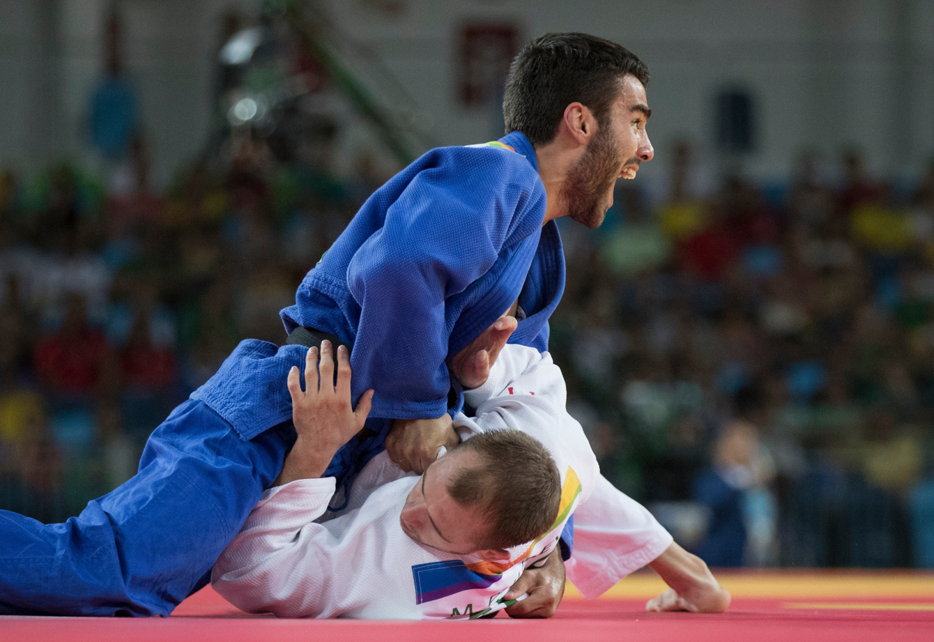 Canada's Antoine Bouchard celebrates his win over Mikhail Puliaev of Russia during Men's 66kg Judo, second-round action at the Olympic games in Rio de Janeiro, Brazil, Sunday, August 7, 2016. COC Photo by Jason Ransom