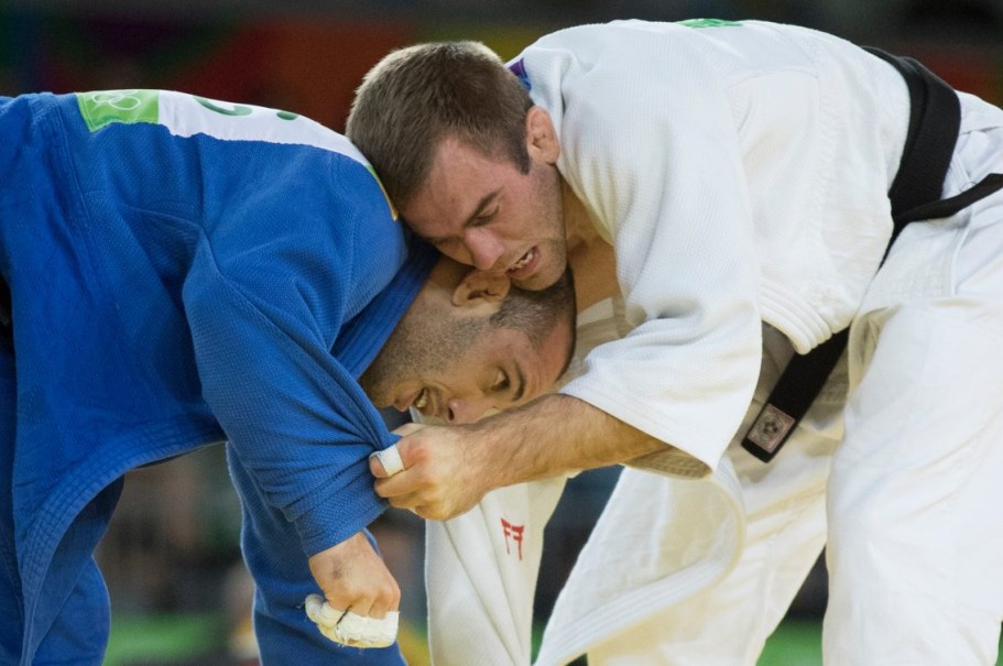 Canada's Antoine Valois-Fortier battles with Emmanuel Lucenti of Argentina during second-round judo action at the Olympic games in Rio de Janeiro, Brazil, Tuesday, August 9, 2016. Valois-Fortier won the match and advanced to the next round. COC Photo/Jason Ransom