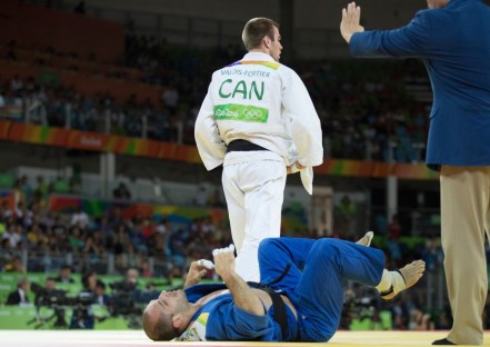Canada's Antoine Valois-Fortier battles with Emmanuel Lucenti of Argentina during second-round judo action at the Olympic games in Rio de Janeiro, Brazil, Tuesday, August 9, 2016. COC Photo/Jason Ransom