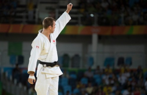 Rio 2016: Antoine-Valois Fortier, judo Canada's Antoine Valois-Fortier celebrates his win over Emmanuel Lucenti of Argentina during second-round judo action at the Olympic games in Rio de Janeiro, Brazil, Tuesday, August 9, 2016. COC Photo/Jason Ransom