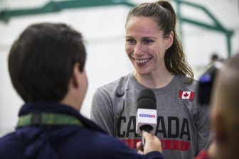 Team Canada's Kim Gaucher answers media questions after the women's basketball team practice in the athlete park ahead of the Olympic games in Rio de Janeiro, Brazil, Thursday August 4, 2016. COC Photo/David Jackson
