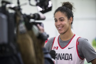 Team Canada's Kia Nurse answers media questions after the women's basketball team practice in the athlete park ahead of the Olympic games in Rio de Janeiro, Brazil, Thursday August 4, 2016. COC Photo/David Jackson