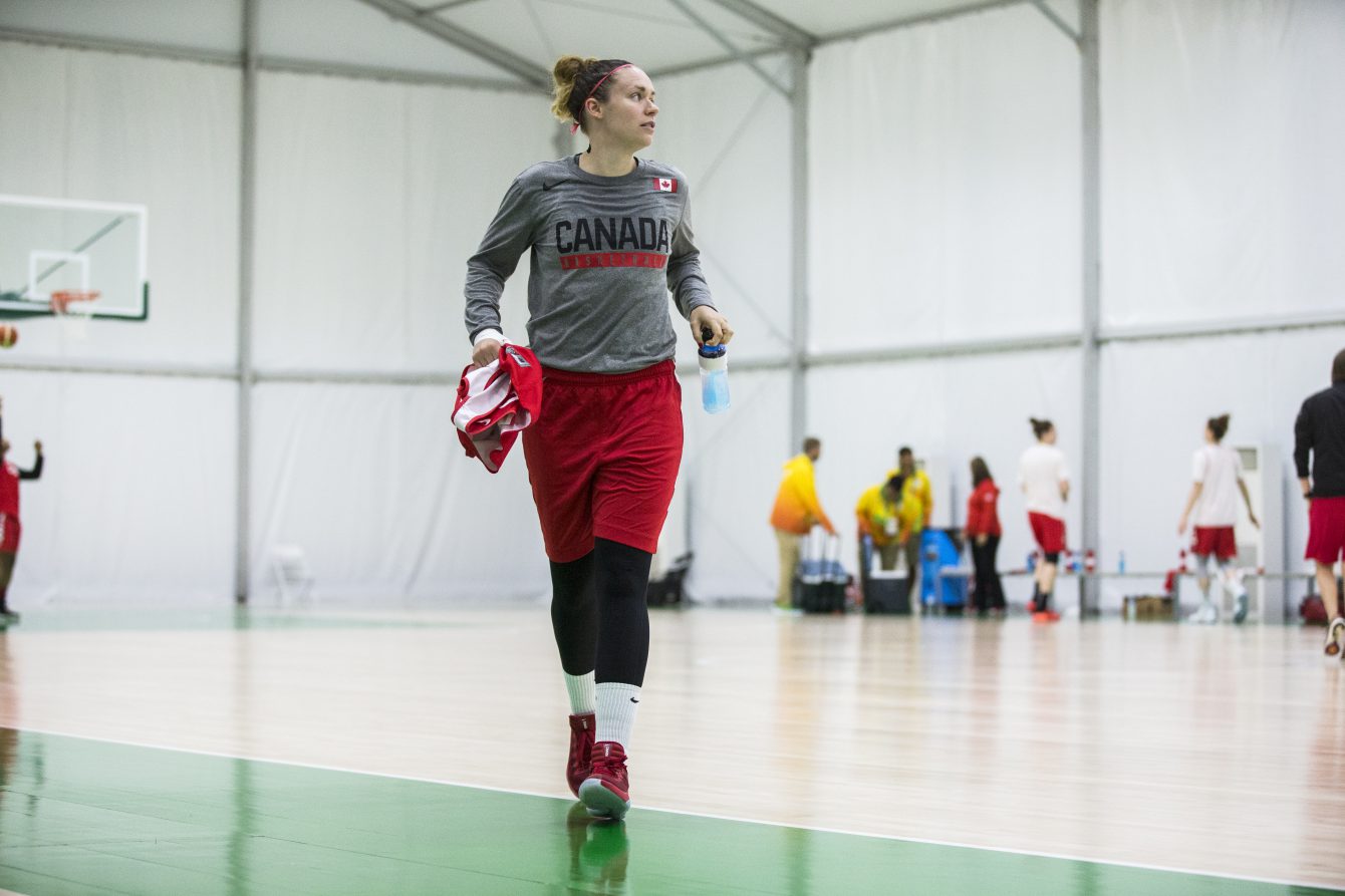 Team Canada's Shonna Thorburn does drills during the women's basketball team practice in the athlete park ahead of the Olympic games in Rio de Janeiro, Brazil, Thursday August 4, 2016. COC Photo/David Jackson