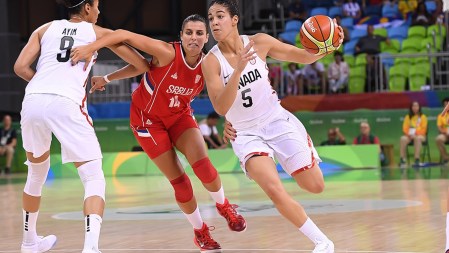 Canada's Kia Nurse moves the ball up the court in preliminary action of the Rio 2016 women's basketball tournament on August 8, 2016. (Photo: FIBA)