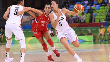 Rio 2016: Kia Nurse Canada's Kia Nurse moves the ball up the court in preliminary action of the Rio 2016 women's basketball tournament on August 8, 2016. (Photo: FIBA)