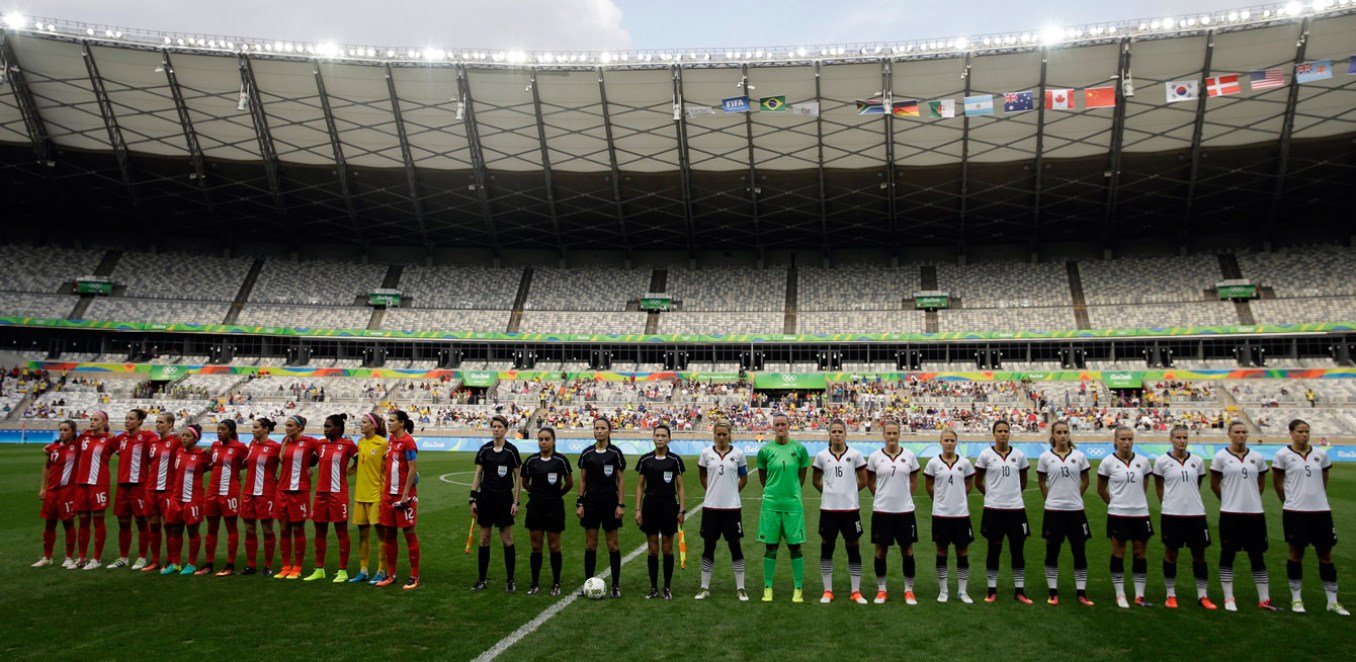 Rio 2016 - Canada v. Germany Canada and Germany line up ahead of their Rio 2016 Olympic semifinal match in Belo Horizonte on August 2016.
