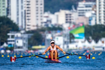 Team Canada's Carling Zeeman races during the women's single scull quarterfinal at the Lagoa Rowing Stadium, Rio de Janeiro, Brazil, Tuesday August 9, 2016. COC Photo/David Jackson