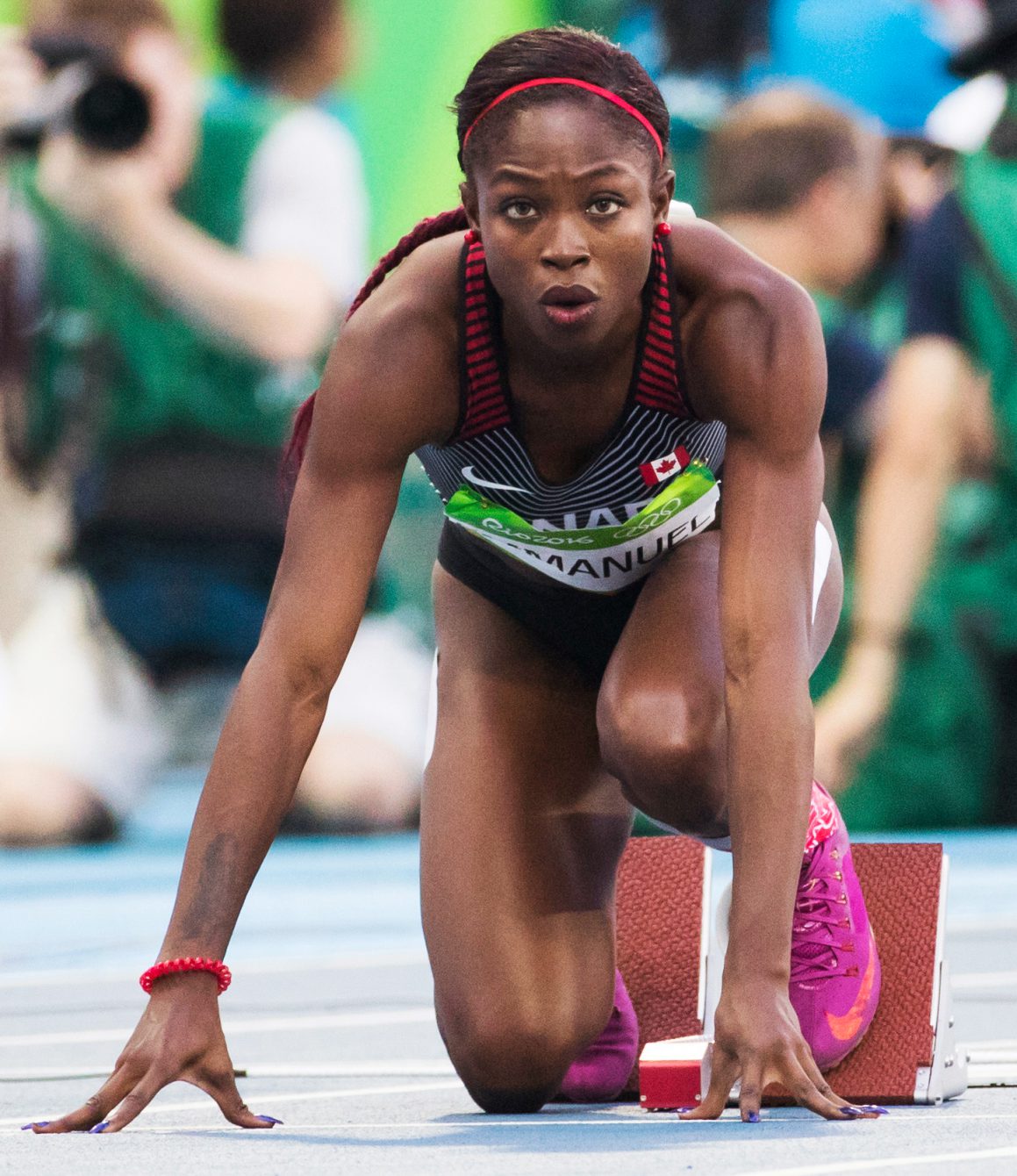 Canada's Crystal Emmanuel gets ready on the start block for the 200m women's heat at the Olympic games in Rio de Janeiro, Brazil, Monday August 15, 2016. COC Photo/Mark Blinch