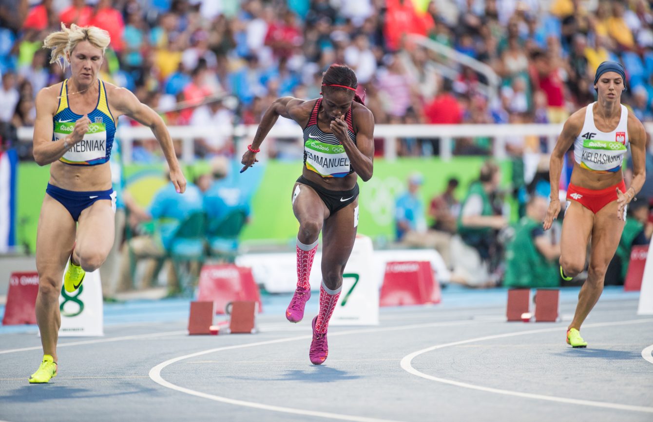 Crystal Emmanuel running in the 200m heats 