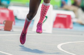 Canada's Crystal Emmanuel wears Canada socks as she competes in the the 200m women's heat at the Olympic games in Rio de Janeiro, Brazil, Monday August 15, 2016. COC Photo/Mark Blinch