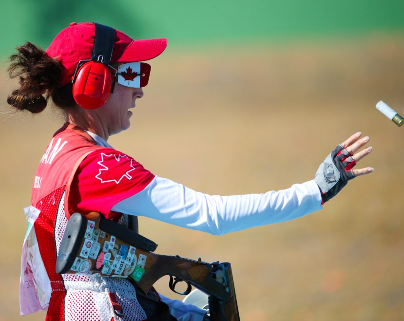 Team Canada's Cynthia Meyer in qualifying round of trap shooting at Deodoro Park, Rio de Janeiro, Brazil, Sunday August 7, 2016. COC Photo/David Jackson