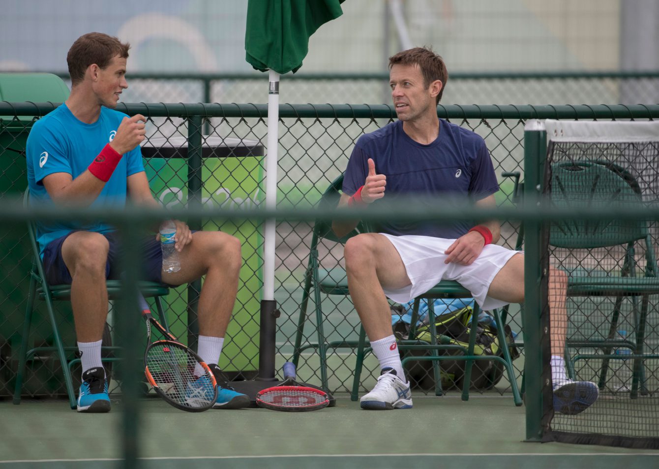 Canadian tennis players Daniel Nestor, right, and Vasek Pospisil practice together prior to the start of the Olympic Games in Rio de Janeiro, Brazil, Wednesday, August 3, 2016. COC Photo by Jason Ransom