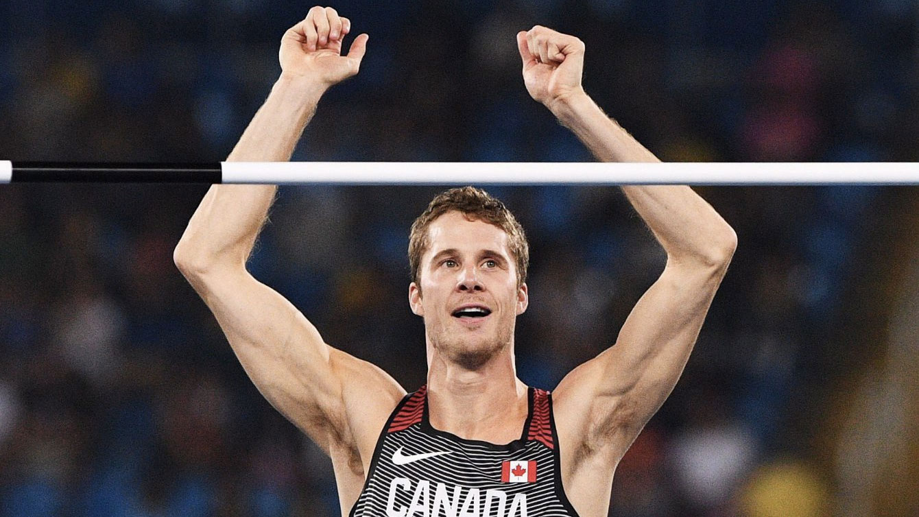 Rio 2016: Derek Drouin celebrates a clearance before winning high jump gold at the Olympic Games in Rio de Janeiro on August 16, 2016. 