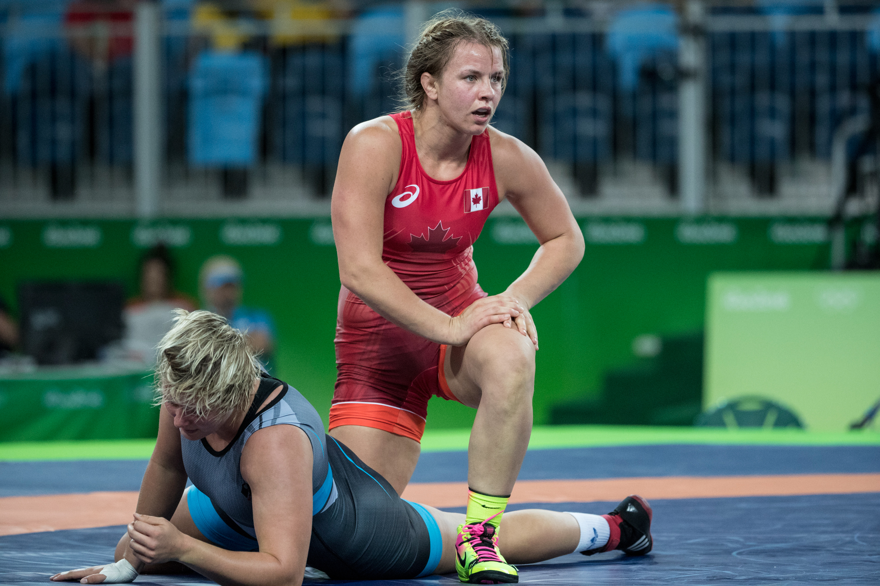 Team Canada’s Erica Elizabeth Wiebe battles in 63 kg women's wrestling during the qualification match at Carioca Stadium, Rio de Janeiro, Brazil, Thursday August 18, 2016. COC Photo/David Jackson