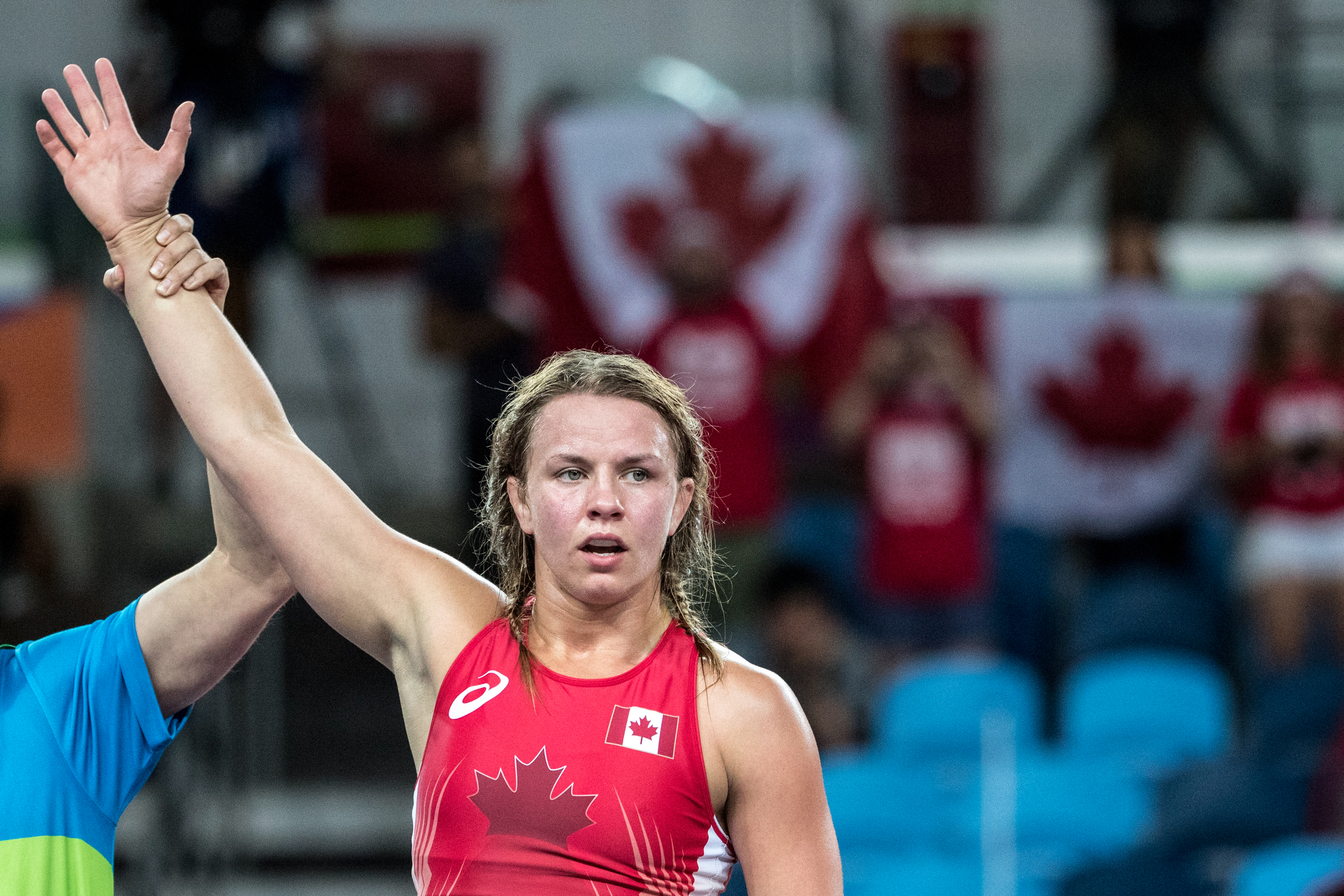 Team Canada’s Erica Elizabeth Wiebe battles in 63 kg women's wrestling during the qualification match at Carioca Stadium, Rio de Janeiro, Brazil, Thursday August 18, 2016. COC Photo/David Jackson