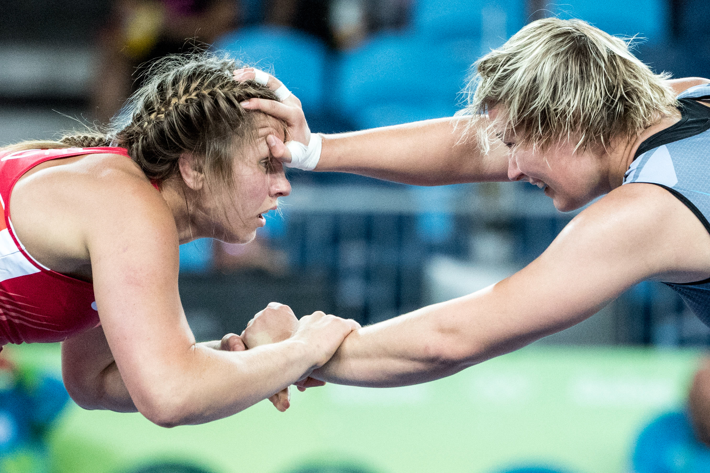 Team Canada’s Erica Elizabeth Wiebe battles in 75 kg women's wrestling during the qualification match at Carioca Stadium, Rio de Janeiro, Brazil, Thursday August 18, 2016. COC Photo/David Jackson