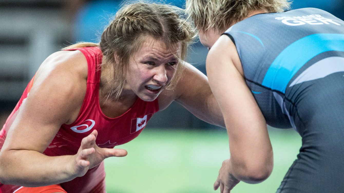 Team Canada’s Erica Elizabeth Wiebe battles in 75 kg women's wrestling during the qualification match at Carioca Stadium, Rio de Janeiro, Brazil, Thursday August 18, 2016. COC Photo/David Jackson
