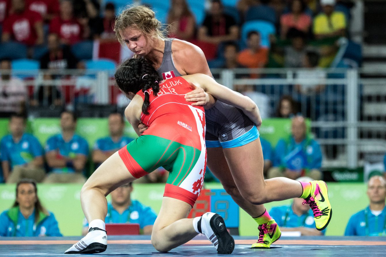 Team Canada’s Erica Wiebe battles in 75 kg women's wrestling during the semi finals match at Carioca Stadium, Rio de Janeiro, Brazil, Thursday August 18, 2016. COC Photo/David Jackson