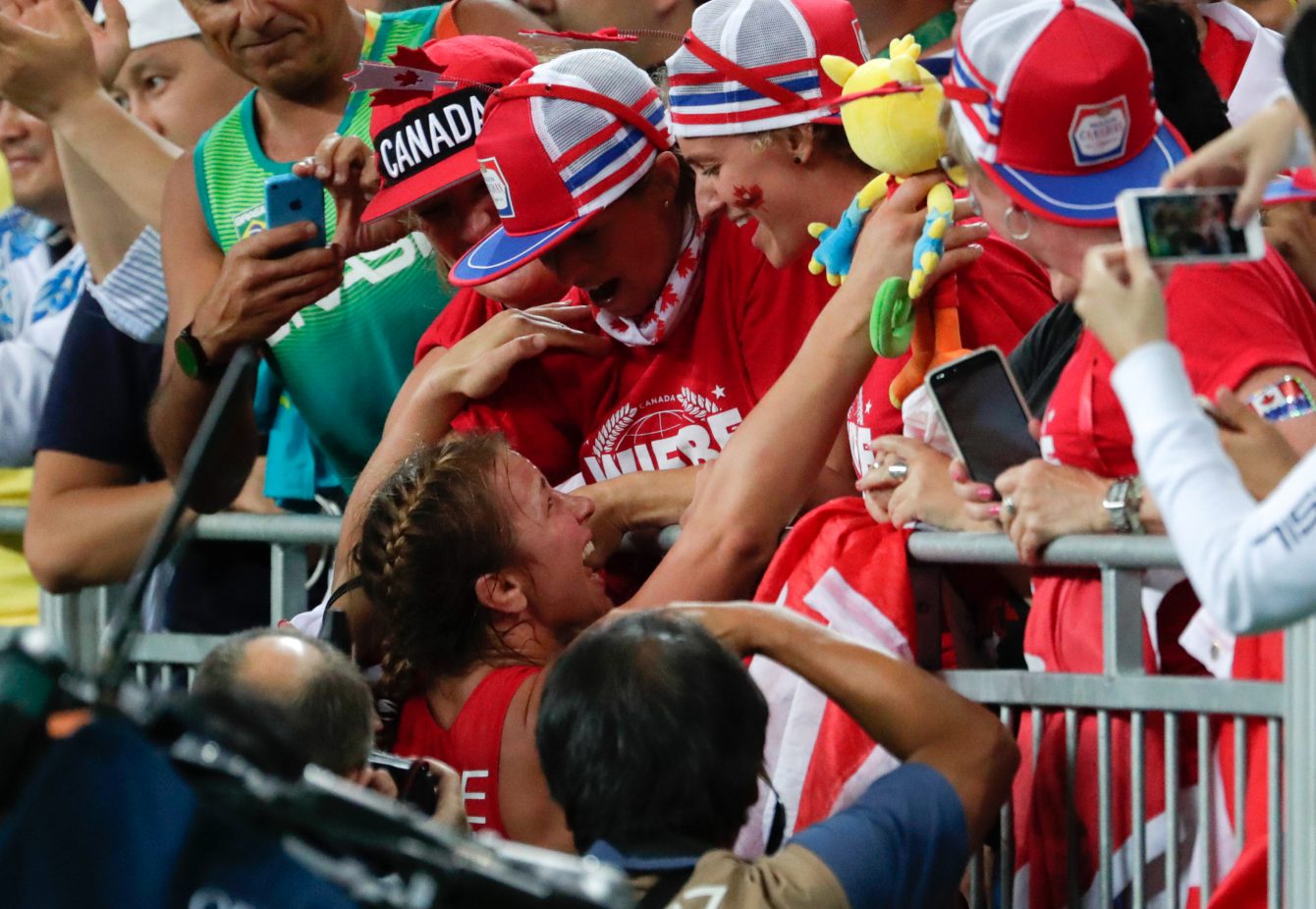 Erica Wiebe after defeating Belarus' Vasilisa Marzaliuk, during the women's 75-kg freestyle wrestling competition at the 2016 Summer Olympics in Rio de Janeiro, Brazil, Thursday, Aug. 18, 2016. (Photo/David Jackson)