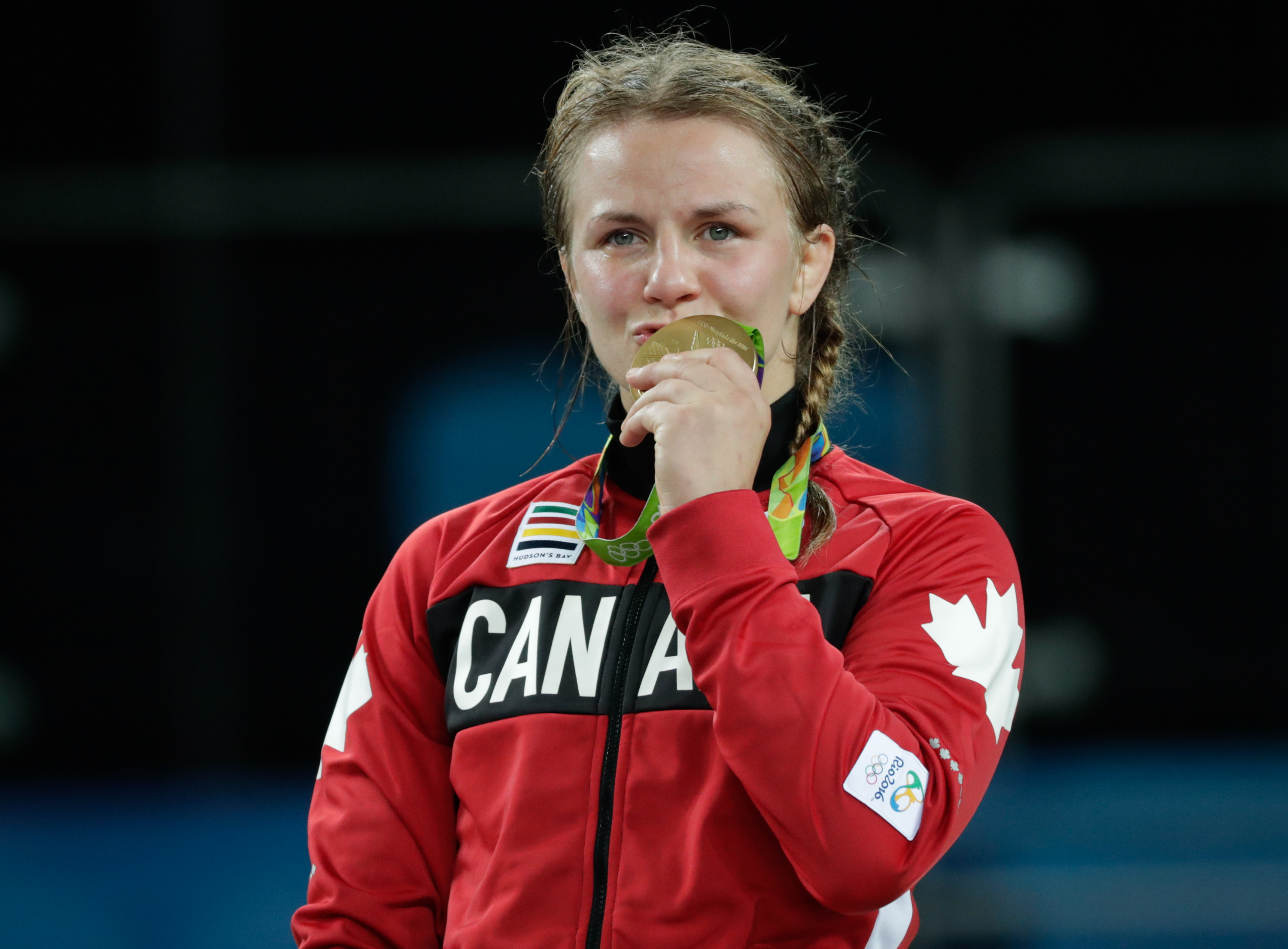 Erica Wiebe with her gold medal in the women's 75-kg freestyle wrestling competition at the 2016 Summer Olympics in Rio de Janeiro, Brazil, Thursday, Aug. 18, 2016. (Photo/David Jackson)